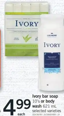 Fortinos Ivory bar soap 10's or body wash 621 ml offer