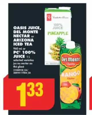 No Frills Oasis juice, del monte nectar or arizona iced tea, 960 ml or pc 100% juice, 1 l offer