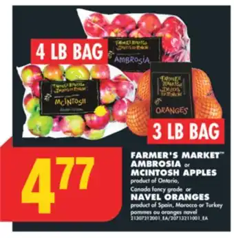 No Frills Farmer's market ambrosia or mcintosh apples, 4 lb bag or navel oranges, 3 lb bag offer