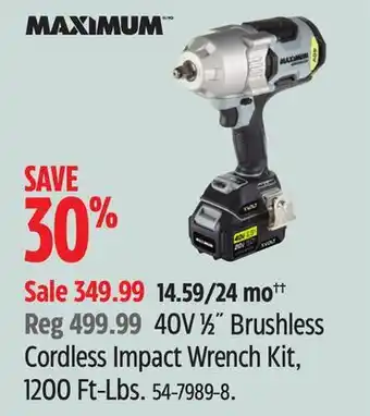 Canadian Tire Maximum 40v 1⁄2˝ brushless cordless impact wrench kit, 1200ft-lbs offer
