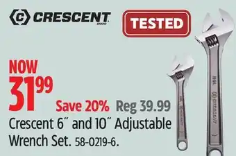 Canadian Tire Crescent 6˝ and 10˝ adjustable wrench set offer