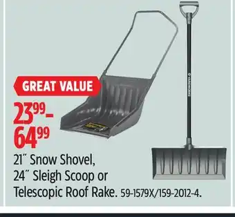 Canadian Tire Yardworks 21˝ snow shovel, 24˝ sleigh scoop or telescopic roof rake offer