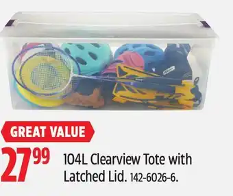 Canadian Tire Sterilite 104l clearview tote with latched lid offer