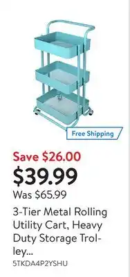 Walmart 3-tier metal rolling utility cart, heavy duty storage trolley service cart with wheels offer