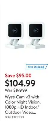 Walmart Wyze cam v3 with color night vision, 1080p hd indoor/outdoor video camera (2 pack) offer