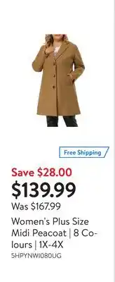 Walmart Women's plus size midi peacoat | 8 colours | 1x-4x offer