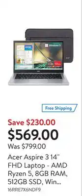 Walmart Acer aspire 3 14 fhd laptop - amd ryzen 5, 8gb ram, 512gb ssd, win 11 home offer