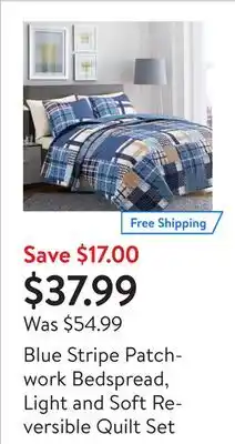 Walmart Blue stripe patchwork bedspread, light and soft reversible quilt set offer