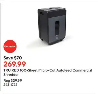 Staples Tru red 100-sheet micro-cut autofeed commercial shredder offer
