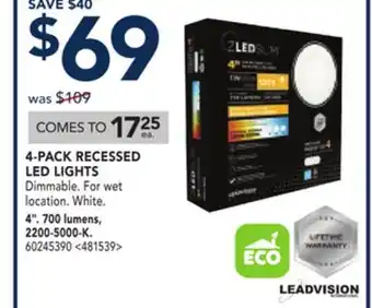 RONA Leadvision 4-pack recessed led lights 4, 700 lumens, 2200-5000-k offer