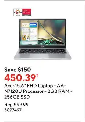 Staples Acer 15.6'' fhd laptop - aan7120u processor - 8gb ram - 256gb ssd offer