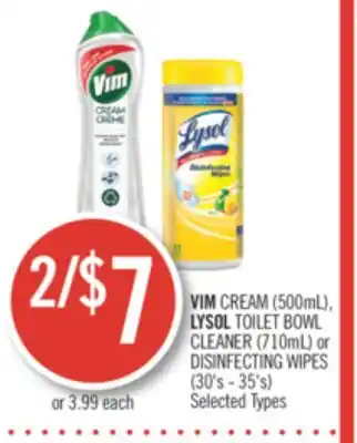 Shoppers Drug Mart Vim cream (500ml), lysol toilet bowl cleaner (710ml) or disinfecting wipes (30's - 35's) offer