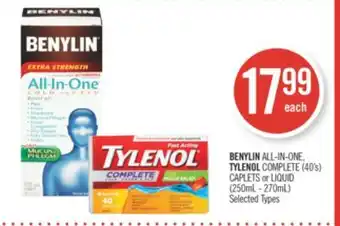 Shoppers Drug Mart Benylin all-in-one, tylenol complete (40's) caplets or liquid (250ml - 270ml) offer
