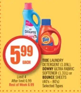 Shoppers Drug Mart Tide laundry detergent (1.09l), downy ultra fabric softener (1.31l) or bounce sheets (40's - 80's) offer
