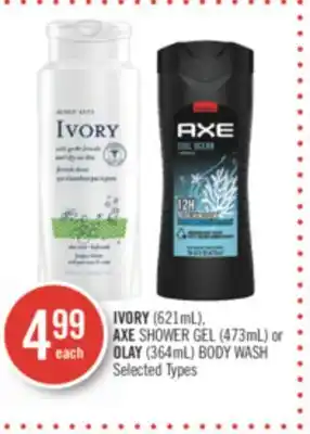 Shoppers Drug Mart Ivory (621ml), axe shower gel (473ml) or olay (364ml) body wash offer