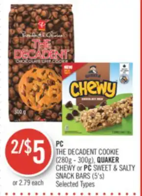 Shoppers Drug Mart Pc the decadent cookie| (280g - 300g), quaker chewy or pc sweet & salty snack bars (5's) offer