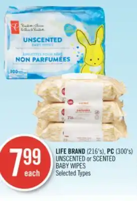 Shoppers Drug Mart Life brand (216's), pc (300's) unscented or scented baby wipes offer
