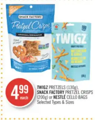Shoppers Drug Mart Twigz pretzels (130g) snack factory pretzel crisps (200g) or nestle cello bags offer