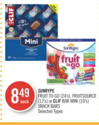 Shoppers Drug Mart Sunrype fruit to go (24's), fruitsource (12's) or clif bar mini (10's) snack bars offer