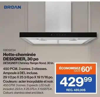 Patrick Morin Broan designer chimney range hood, 30 in offer