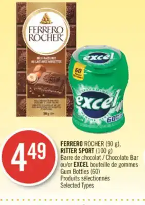Pharmaprix Ferrero rocher (90 g), ritter sport (100 g) chocolate bar or excel gum bottles (60) offer