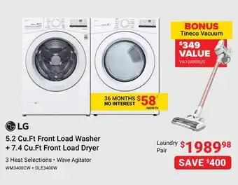 Visions Electronics Lg 5.2 cu.ft front load washer + 7.4 cu.ft front load dryer offer
