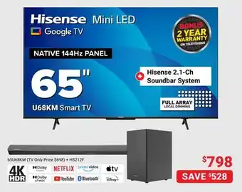 Visions Electronics Hisense mini led native 144hz panel u68km smart tv 65 offer