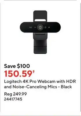 Staples Logitech 4k pro webcam with hdr and noise-canceling mics - black offer