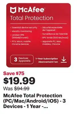 Best Buy Mcafee total protection (pc/mac/android/ios) - 3 devices - 1 year - digital download offer