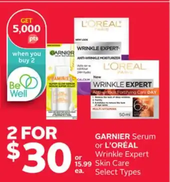 Rexall Garnier serum or l'oréal wrinkle expert skin care offer
