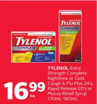 Rexall Tylenol extra strength complete nighttime or cold, cough & flu plus 24' s, rapid release 20' s or mucus relief syrup 170ml-18 offer