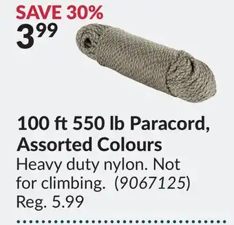 Princess Auto 100 ft550 lb paracord, assorted colours offer