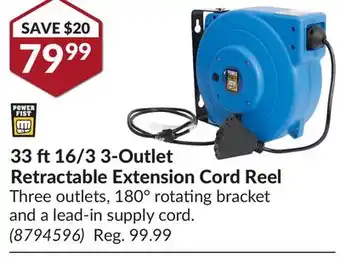 Princess Auto 33 ft 16/3 3-outlet retractable extension cord reel offer