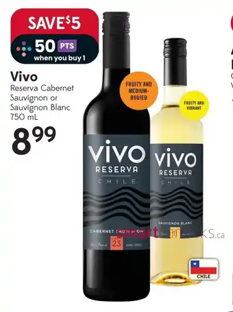 Sobeys Vivo Reserva Cabernet Sauvignon or Sauvignon Blanc 750ml offer