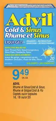 Uniprix Advil rhume et sinus/cold & sinus, rhume et grippe/cold & flu caplets ou/or capsules offer