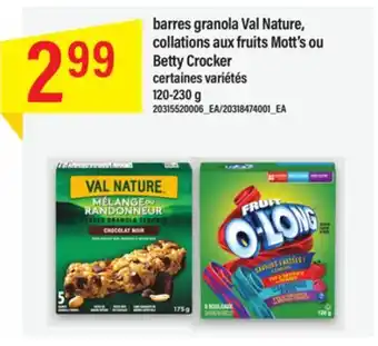 Maxi Barres granola val nature, collations aux fruits mott's ou betty crocker, 120-230 g offer