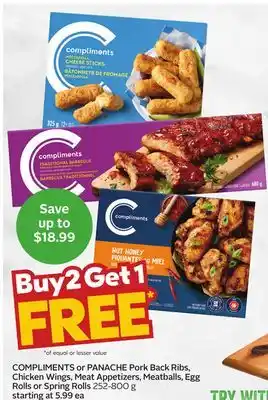 Sobeys Compliments or panache pork back ribs, chicken wings, meat appetizers, meatballs, egg rolls or spring rolls offer