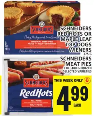 Food Basics Schneiders red hots or maple leaf top dogs wieners or schneiders meat pies offer