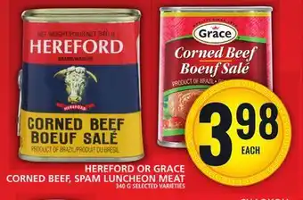 Food Basics Hereford or grace corned beef, spam luncheon meat offer
