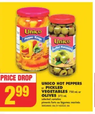 No Frills Unico hot peppers or pickled vegetables, 750 ml or olives, 375 ml offer