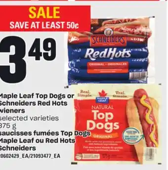 Independent Grocer Maple leaf top dogs or schneiders red hots wieners, 375 g offer