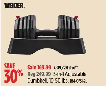 Canadian Tire Weider 5-in-1 adjustable dumbbell, 10-50lbs offer