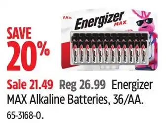 Canadian Tire Energizer max alkaline batteries, 36/aa offer