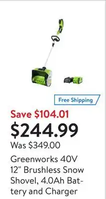 Walmart Greenworks 40v 12 brushless snow shovel, 4.0ah battery and charger offer