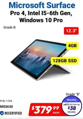 Factory Direct Microsoft surface pro 4, intel i5-6th gen windows, 10 pro offer