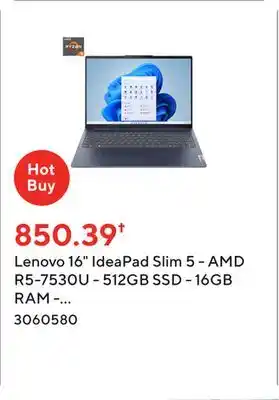 Staples Lenovo 16 ideapad slim 5 - amd r5-7530u - 512gb ssd - 16gb ram - windows 11 offer