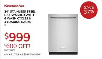 Goemans Appliances Kitchenaid 24 stainless steel dishwasher with 6 wash cycles & 3 loading racks offer