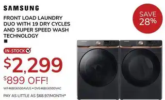 Goemans Appliances Samsung front load laundry duo with 19 dry cycles and super speed wash technology offer