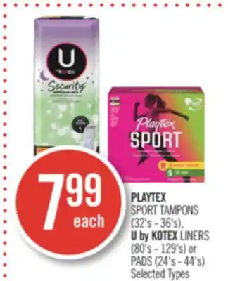 Shoppers Drug Mart Playtex sport tampons (32's - 36's), u by kotex liners (80's - 129's) or pads (24's - 44's) offer