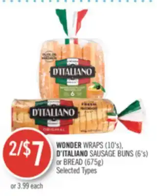 Shoppers Drug Mart Wonder wraps (10's), d'italiano sausage buns (6's) or bread (675g) offer